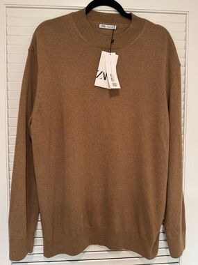 NWT ZARA Tan Wool Cashmere Blend Crew Neck Sweater Size XL